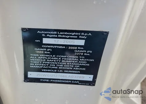 2006 Lamborghini Gallardo Se z USA, uszkodzony, nr VIN ZHWGU12T66LA03289